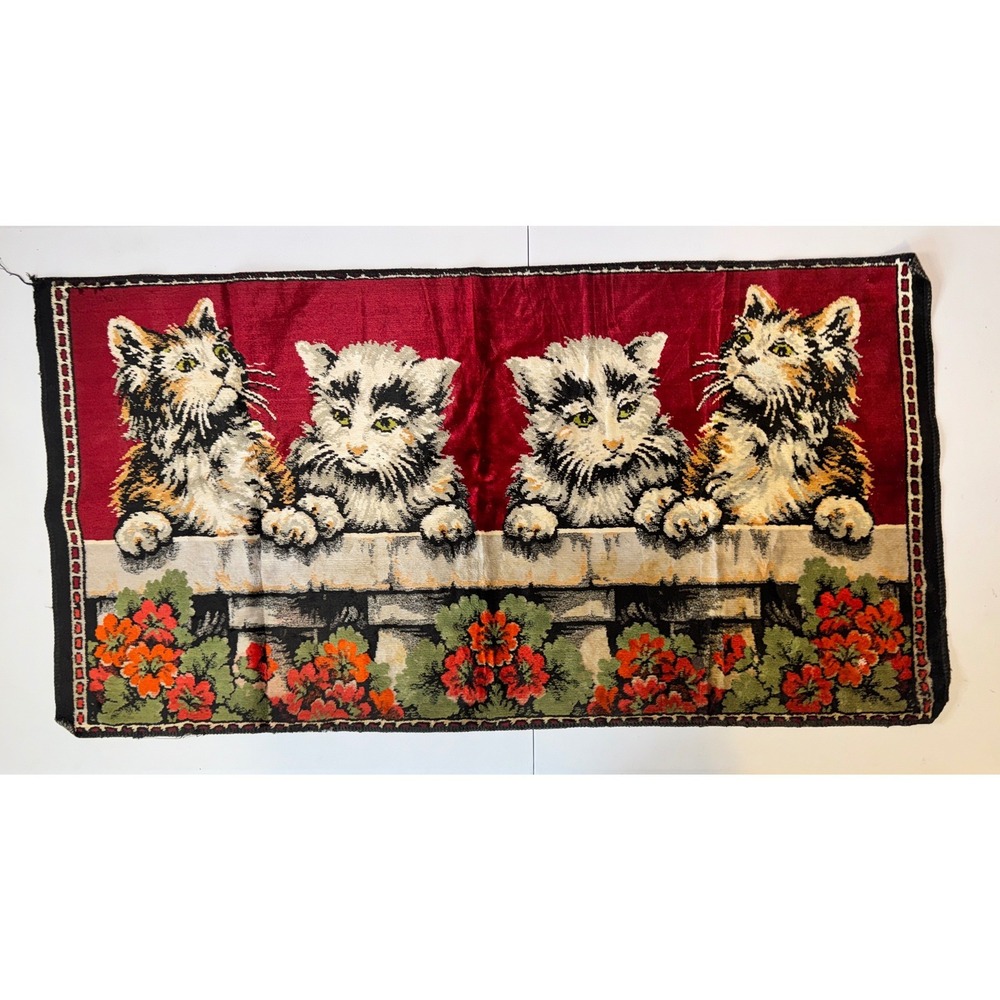 Vintage Kitsch Four Kittens Wall Hanging Tapestry Red Velvet 37x19 Art
